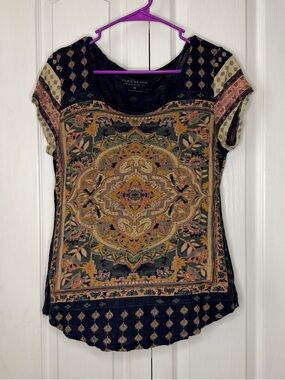 Lucky Brand womens Persian Carpet Print Tee navy blue short sleeve BOHO Medium